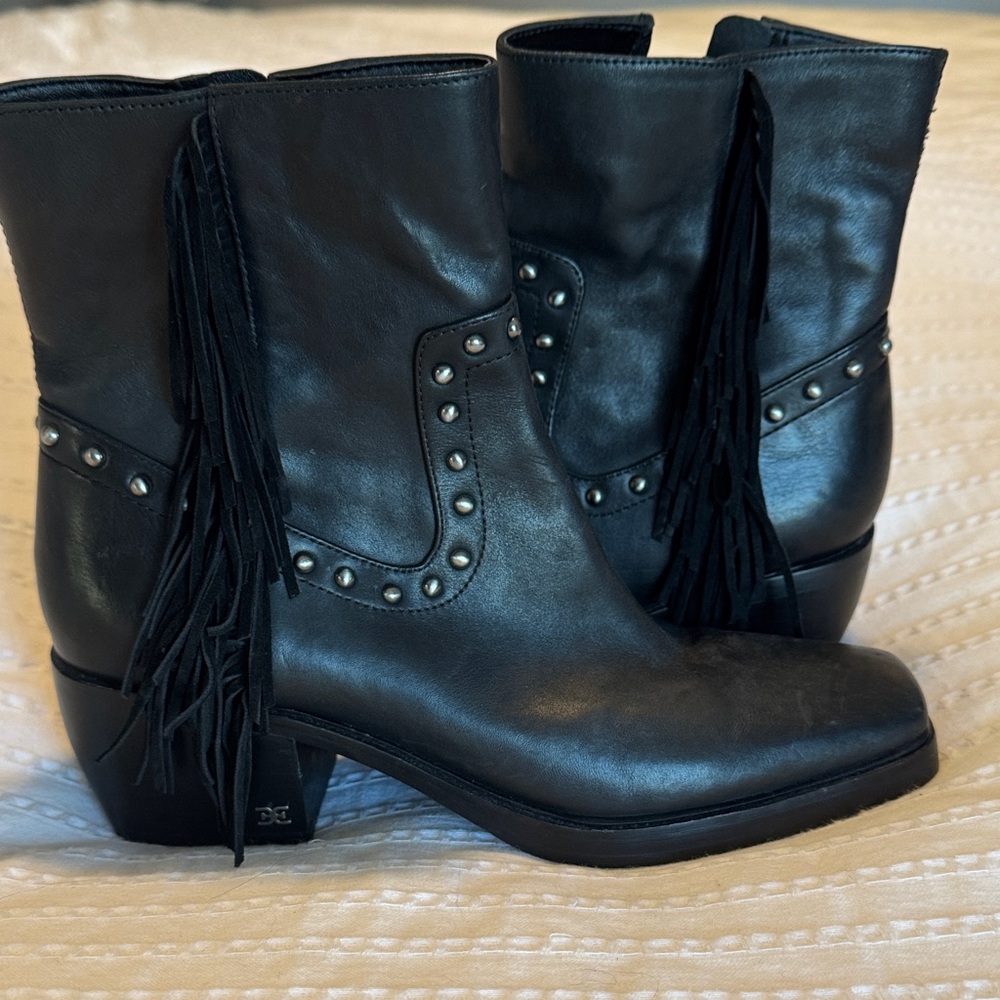 Sam Edelman Black Leather Ankle Booties with Fringe and Studs